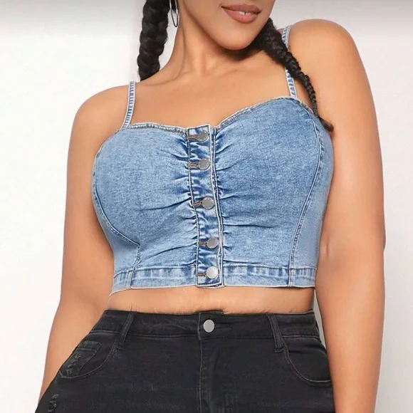 Women's Plus Size Denim corset Sleeveless Cami Crop Top - Picture 6 of 7